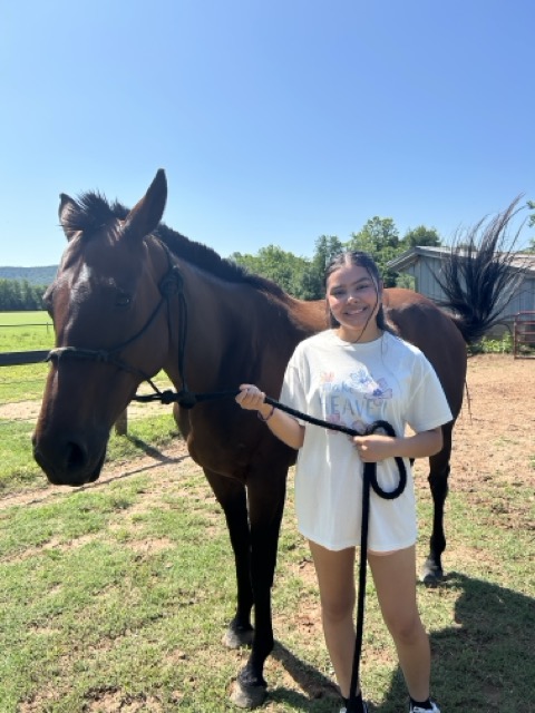 A student holding a horse on a rein
