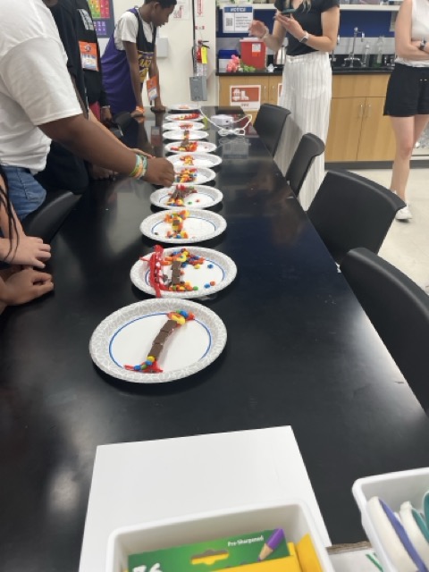 Students standing in front of plates of candy
