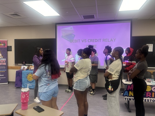 Students play a game in a classroom
